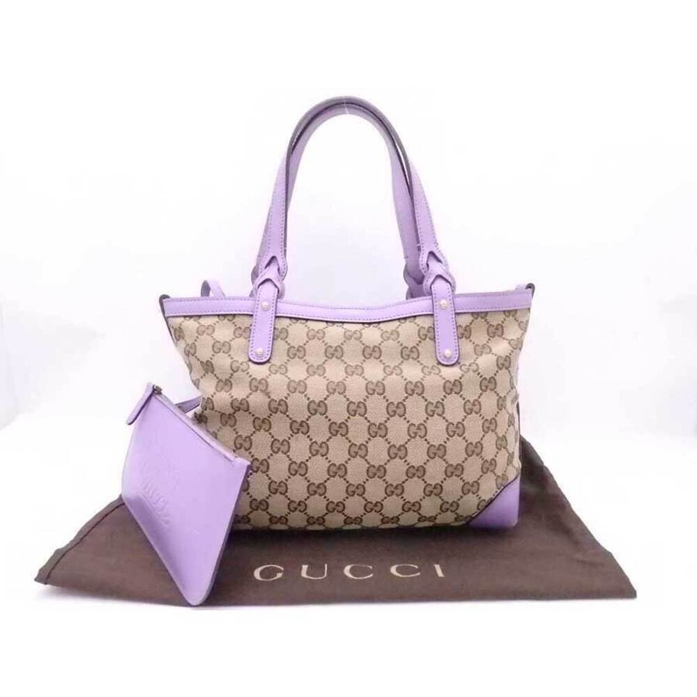 Gucci Handbag Tote Bag GG Canvas Leather Beige Purple